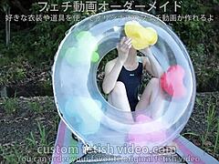 a woman inflating float