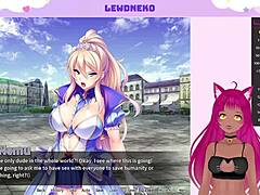 vtuber lewdneko plays harem king, big tits bouncing in group orgy with 3 some anime hentai cumshot on boobs.