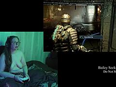 bbw brunette with big natural tits plays naked deadspace. she continues the game through part 2 with long hair flowing.