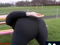 Mature Milf Walks In Park With Huge Ass In Leggings