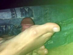 Beautiful feet wife does footjob to her cute amateur hubby.