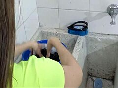 I feel so overwhelmed taking advantage of my distracted stepsister while she's washing clothes, thrusting my huge cock into her with intense passion