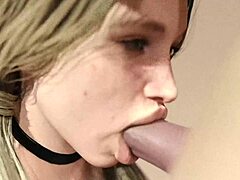 blond girl gives blowjob to big white monster cock