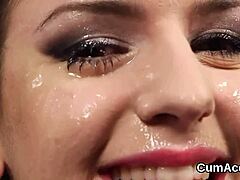 feisty model poses with facial effects in a blowbang scene