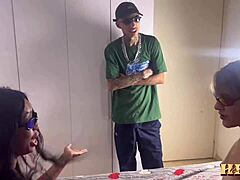 Caught the naughty girl banging another chick and joined in for wild pussy action