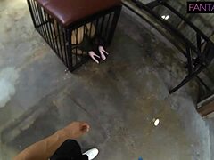 redhead gets chained, caged, and stuffed with cock