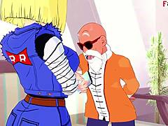 Master roshi and android 18 in a dragon ball fantasy scene