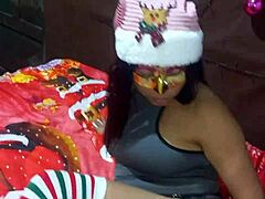 Delicious Indian MILF masturbates on Christmas in Latin lingerie 😈