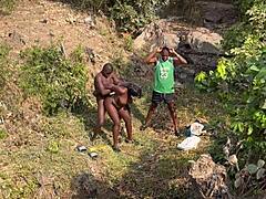 Dialogic-Provocative asking hey teen village girl why let two strangers take turns fucking you in the river with big black cock quickie?