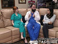 Freshman ditria rose gets mandatory hitachi orgasm with pierced nipples and latex gloves backstage