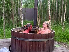 yo, outdoor sex in a hot bath with this cute skinny blonde is fire