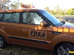 british redhead ella hughes gets hairy pussy fucked doggystyle. she gives blowjob during fake driving school lesson