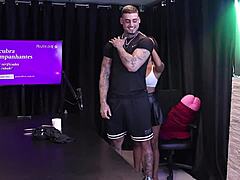 Two brunettes undress him after discussing excitement from recordings and tips for pleasing women