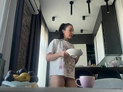 Emotional Rush As Sexy Fit Brunette Handles Housework Without Panties Exposing Shaved Pussy And Big Ass