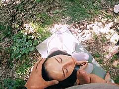 ponytail brunette gets jerked on during forest meditation in pov bts freeuse action. she takes huge facial after face fucking and sucking like a slut.