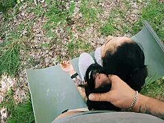 ponytail brunette gets jerked on during forest meditation in pov bts freeuse action. she takes huge facial after face fucking and sucking like a slut.