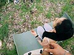 ponytail brunette gets jerked on during forest meditation in pov bts freeuse action. she takes huge facial after face fucking and sucking like a slut.