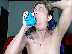 ugh, dumb mil gives sloppy blowjob with face slap, feet play too!