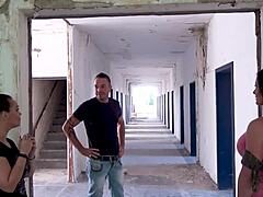 two milfs get sloppy blowjobs and bent over licking in amateur threesome at lost place