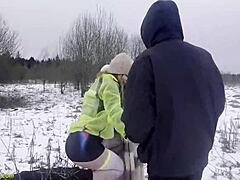 My beautiful girlfriend in nylon miniskirt rides passionately in nature's public spot.