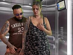 My hot pregnant amateur neighbor with big natural tits gives blowjob in condo elevator with cumshot