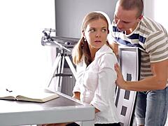Horny russian teen carre gets banged doggystyle over desk after blowjob