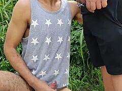 Amateur Exhibitionist Sucks Hung Farmer Outdoors While Friend Films The Public Domination Game