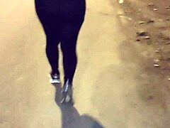 Does this curvy milf whore flash huge ass in see-through leggings for taboo exhibition? She struts crossdressing style outdoors.