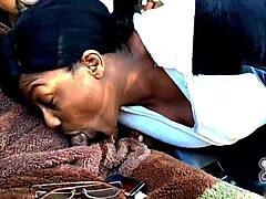 ebony amateur with big tits swallows daddy's cock in car while wearing bear suit