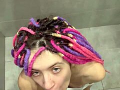 Huge squirt hits after cumshot! Cute neighbor girl eats sperm in shower close-up.