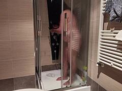 Big Breasted European Milf Shaves Hairy Pussy in Shower.