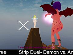Angel and demon battle in erotic lesbian strip duel, tearing clothes off.