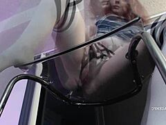 Sierra Sage rides big toy dildo on clear chair, bold blowjob action