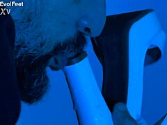 Horny milf gives footjob and sucks cock.