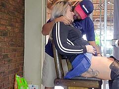 Hot blonde cheats and squirts in the gym.