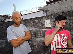 The gang bang unfolds with 3 on 1 double penetration, featuring anal action on a curvy skinny participant with monster cocks.