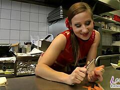 Latex Slut Gets Stuffed With Cucumber In Shaved Pussy As Kitchen Punishment!