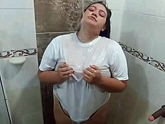 playing with stepbrother's shirt in bathroom while fingering my huge tits and ass?
