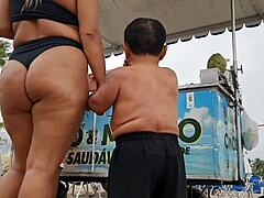 brazilian midget zezinho teves enjoys honeymoon on beach with paty bumbum's big latina ass fetish action