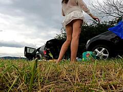 Girls go commando in short dresses outdoors.