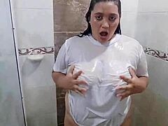 playing with stepbrother's shirt in bathroom while fingering my huge tits and ass?