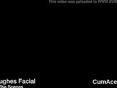 The naughty sex kitten eagerly took the blowbang, ending with a bizarre bukkake facial of jizz.