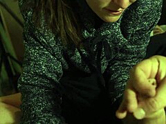 Watch her swallow that cum load? Brunette with blue eyes takes it in her mouth on the bed, wet and ready for more.