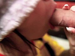 blindfolded brunette teases then deepthroats big cock for wet facial pov