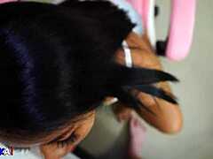 sexy asian milf sucking white cock with cumshot and interracial blowjob