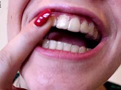 At the dinner party, the retainer turns into a blackmailed strapon bitch. She gets caught in roleplay and follows jerk off instructions.