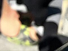 Bold stretching and striptease in underwear outside in mild winter.