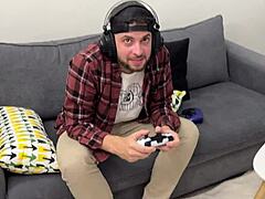 pamela mendoza sucking huge cock from gamer boy leading to facial cumshot on big ass latina