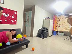 Valentines day homemade threesome features natural tits licked pussy dripping gaping from big cock