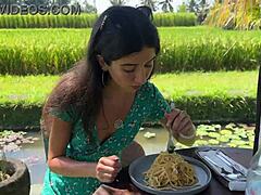 Beautiful teen swallows cumshot after public cafe blowjob, then eats pasta carbonara with sperm on face. Spitting and pov details add to the fun.